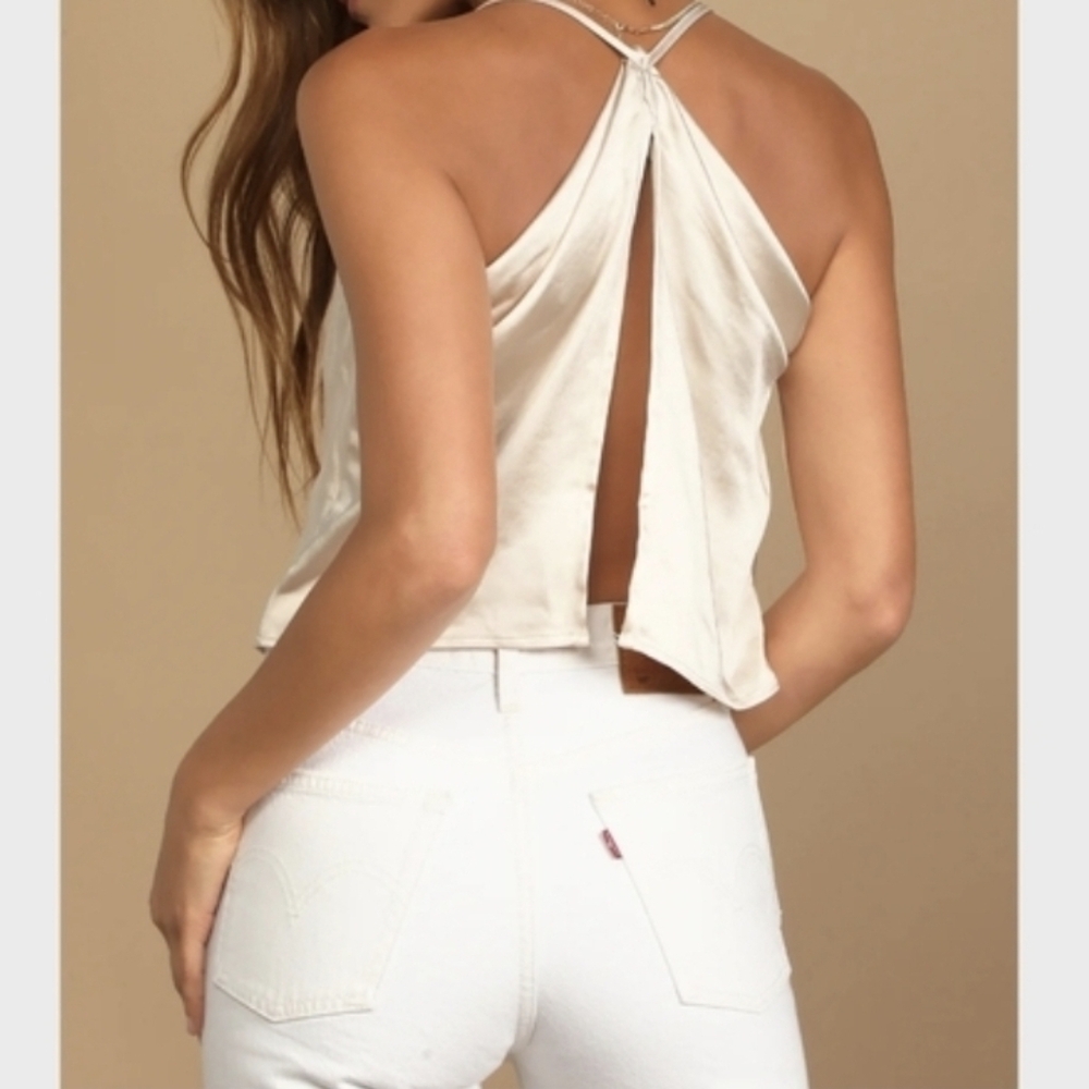 Lulu's Hold Onto Love Satin Split Open Back Crop Cami Tank Top